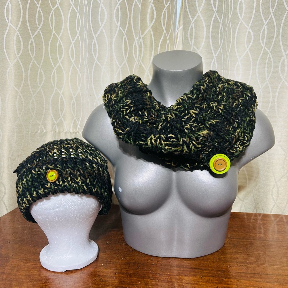 Camouflage Hand Knit Cowl Neck Scarf and Slouchy Hat cowl can converts to a hood